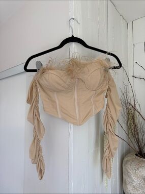 Beige Feather-Trim Corset Top